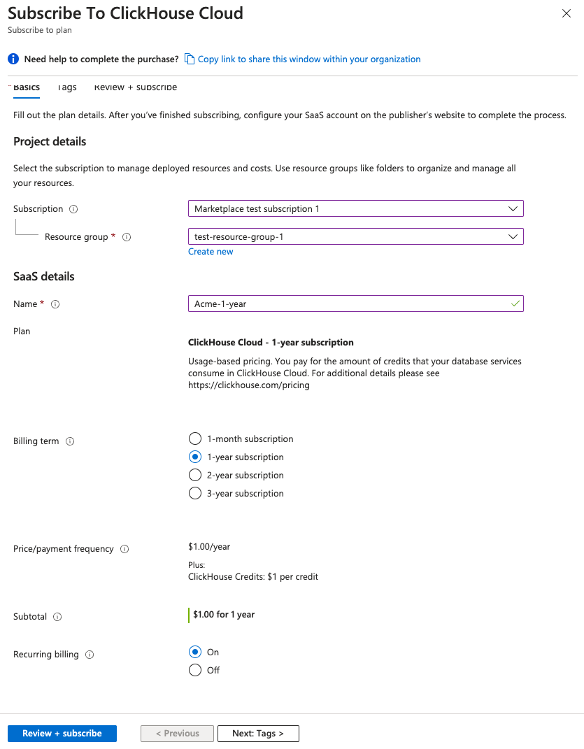 Azure Marketplace subscription form